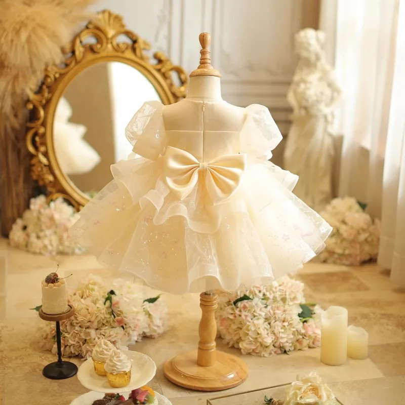 Kid Size: 11, Color: Khaki - Baby Girls Birthday Dress Elegant Princess Gown High-End Sequin Tulle Tutu Dresses Cake Special Occasions Toddler Party Clothes