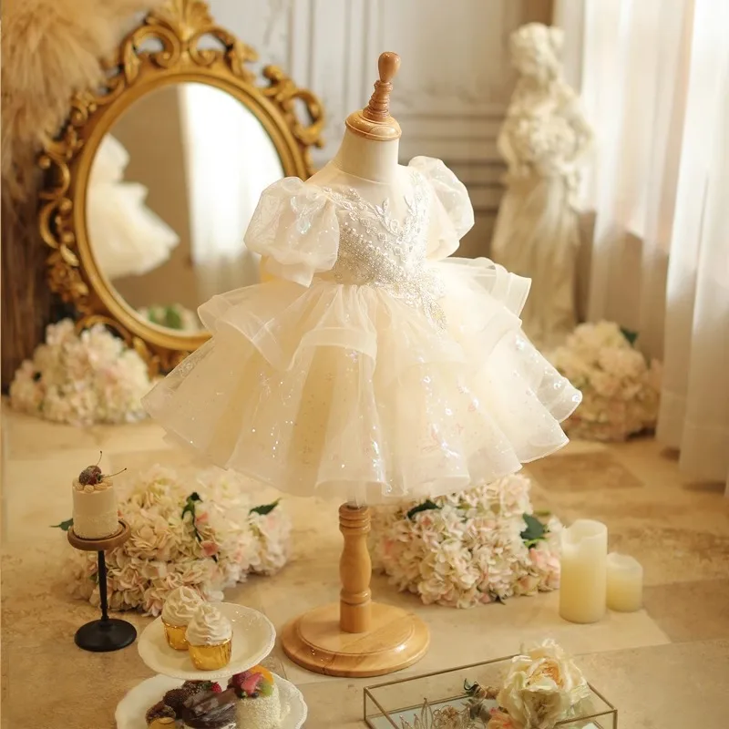 Kid Size: 11, Color: Khaki - Baby Girls Birthday Dress Elegant Princess Gown High-End Sequin Tulle Tutu Dresses Cake Special Occasions Toddler Party Clothes