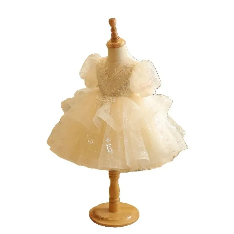 Kid Size: 11, Color: Khaki - Baby Girls Birthday Dress Elegant Princess Gown High-End Sequin Tulle Tutu Dresses Cake Special Occasions Toddler Party Clothes