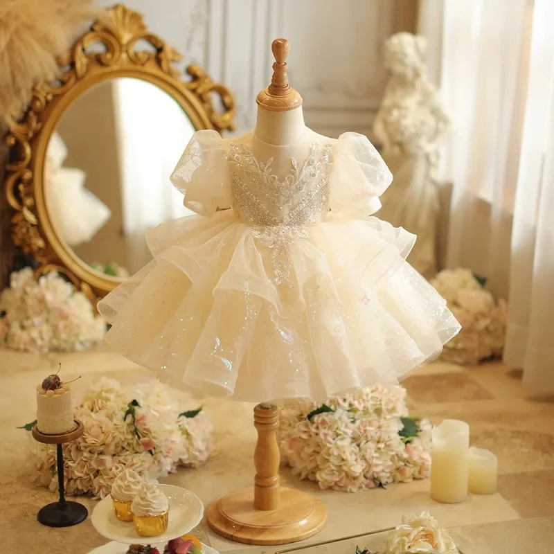 Kid Size: 11, Color: Khaki - Baby Girls Birthday Dress Elegant Princess Gown High-End Sequin Tulle Tutu Dresses Cake Special Occasions Toddler Party Clothes