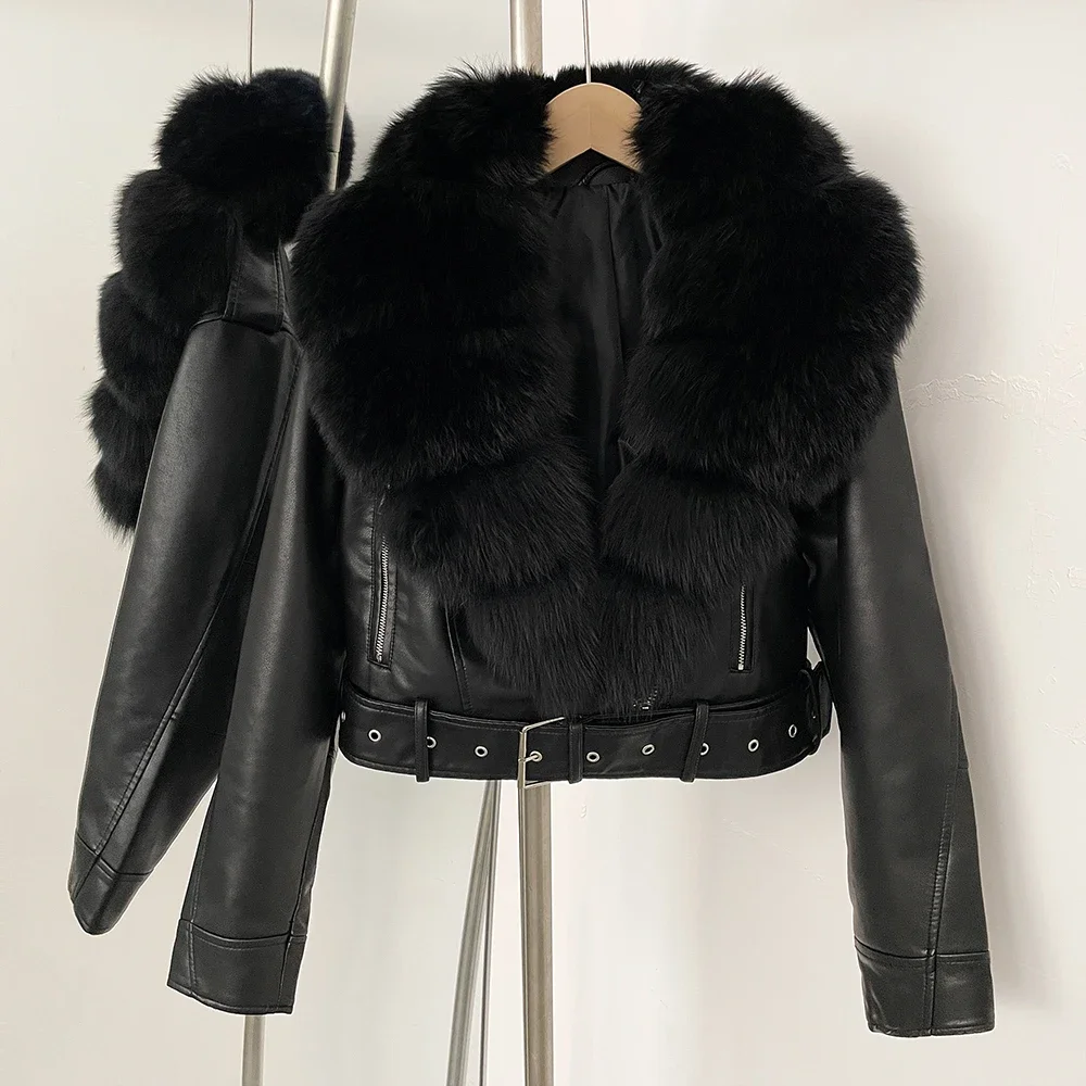 Color: Brown, Size: XL - Fake Leather Coat New Natural Fox Fur Autumn Short Faux Leather Jacket Female Spring PU Women Long Sleeve Real Fur Coat Thin
