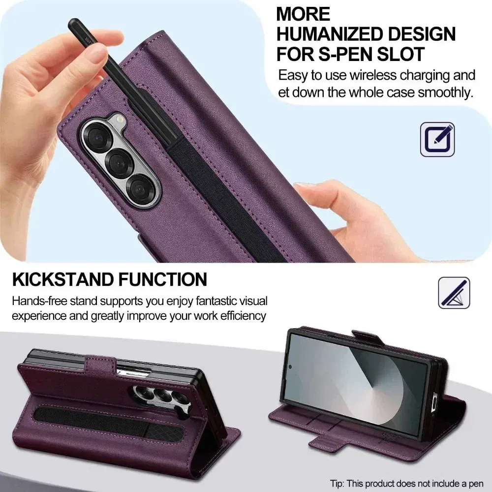 Color: Red, Compatibility by Model: Galaxy Z Fold6 - Premium Leather Phone Case for Samsung Galaxy Z Fold 7 6 5 4 3 Fold6 Fold5 Fold4 5G with Pen Holder Wallet Flip Phone Cover