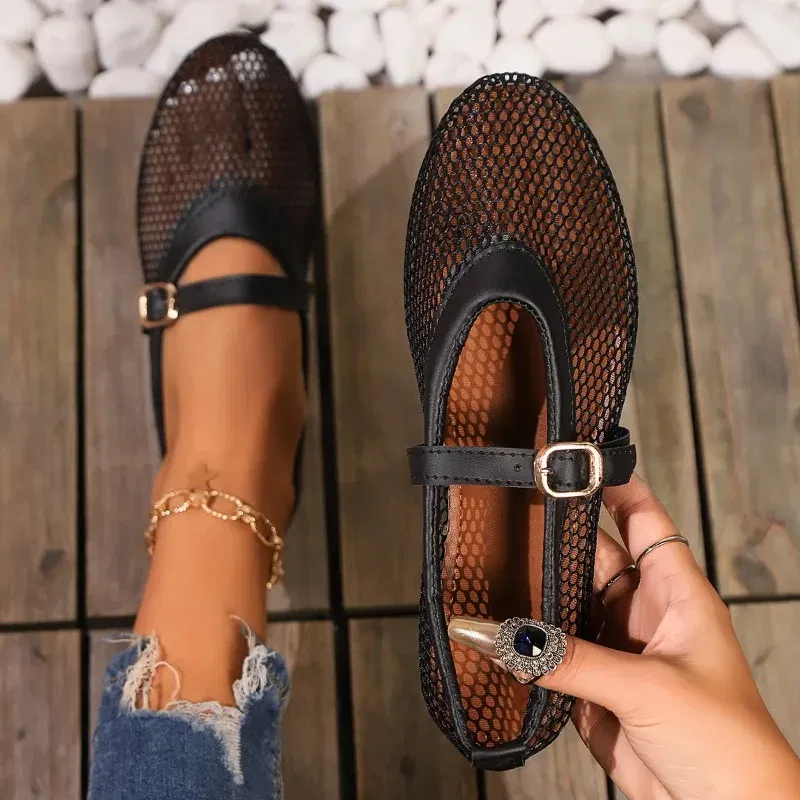 Color: black, Shoe Size: 37 - Round head one buckle strap ballet shoes women's soft bottom flat hollow Mary Jane single fishing net shoes
