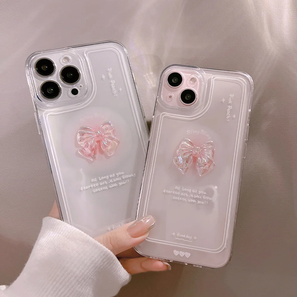 Material: PE, Color: WHITE - NEW 3D Bow Transparent Mobile Phone Case For IPhone 15 14 Plus 13 Pro Max 12 Pro 11 Stereo Crystal Candy Cute Full Soft Cover