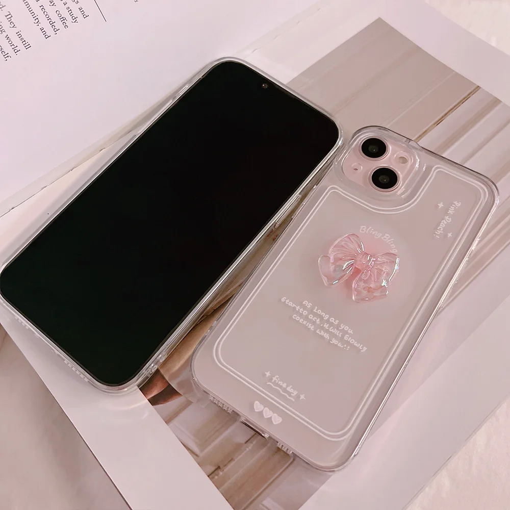 Material: PE, Color: WHITE - NEW 3D Bow Transparent Mobile Phone Case For IPhone 15 14 Plus 13 Pro Max 12 Pro 11 Stereo Crystal Candy Cute Full Soft Cover