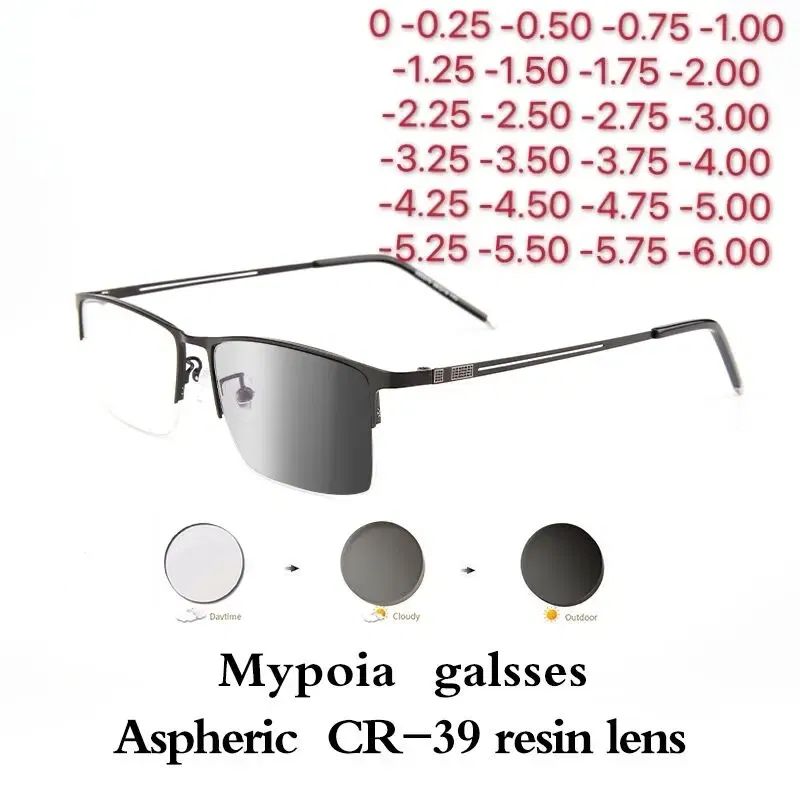 Frame Color: Blue, Eye Prescription: +275 - Sun Photochromic Finished Myopia Glasses Women Men Metal Half Frame Chameleon Short-sight Eyewear0 -0.5 -0.75 -1.0 To -6.0