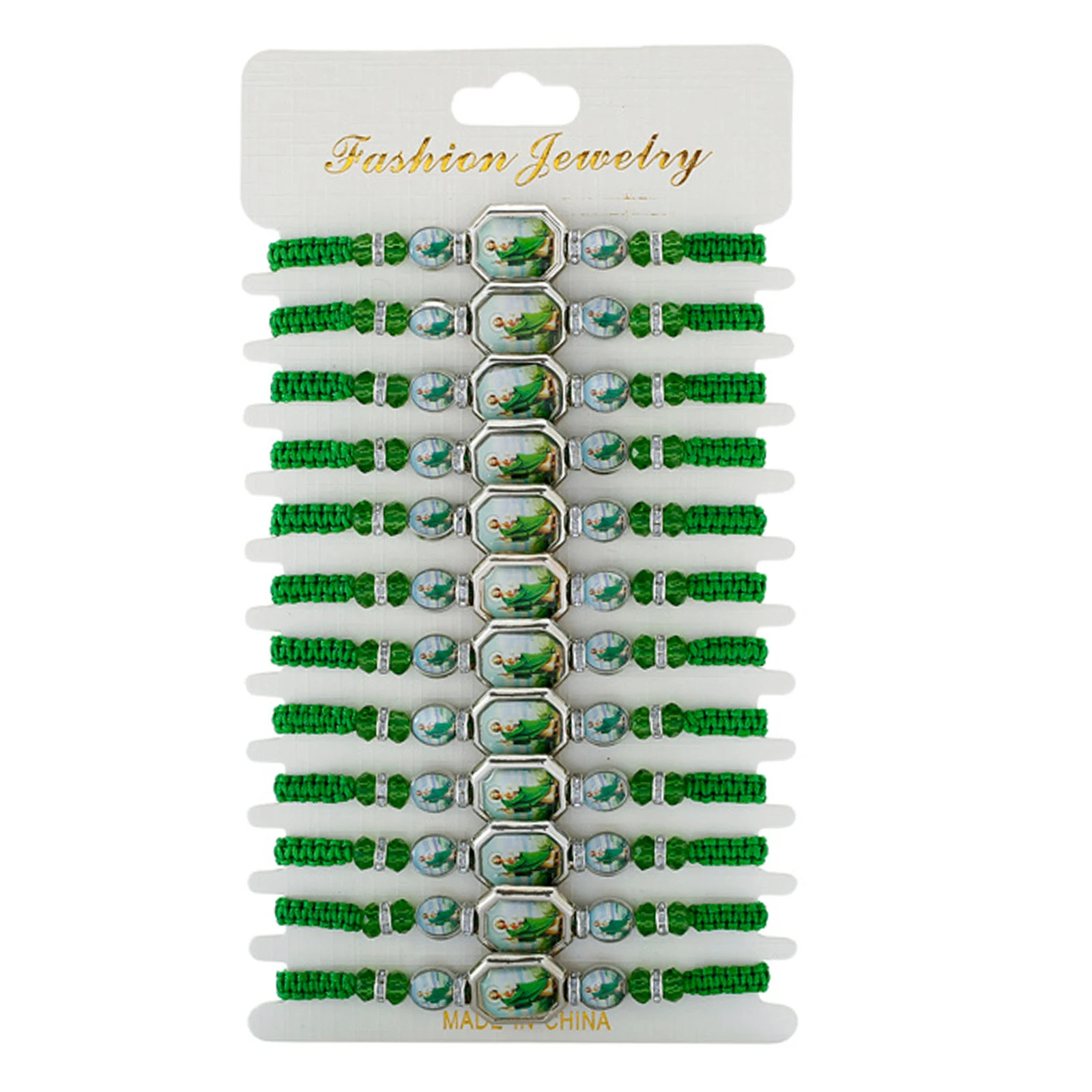 Metal Color: Hot Stamping - 12 Pieces Mexican Bracelets Saint Jude Bracelet Catholic Green Handmade String Bracelets San Judas Tadeo Rosary Bracelet Gift