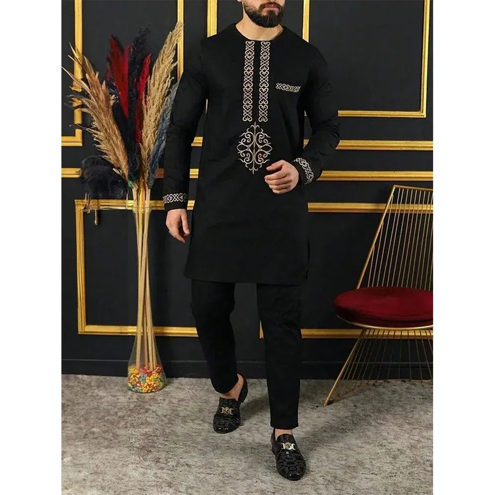 Color: Red, Size: XL - 2024 New African Traditional Men's Set Elegant and Fashionable Men's Suit Casual Embroidery Two Piece Set Men's Suit Kaftan