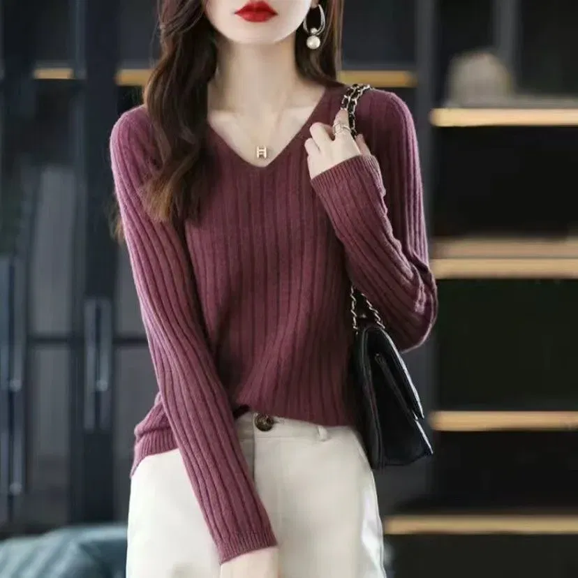 Color: green, Size: XL - Women Sweater Long Sleeve Top Knitted Pullover V-Neck Fashion Sweater Woman Winter Basic Female Clothing Soild OL Sweater DF4933