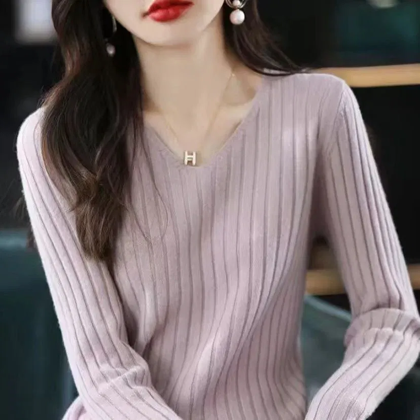 Color: green, Size: XL - Women Sweater Long Sleeve Top Knitted Pullover V-Neck Fashion Sweater Woman Winter Basic Female Clothing Soild OL Sweater DF4933