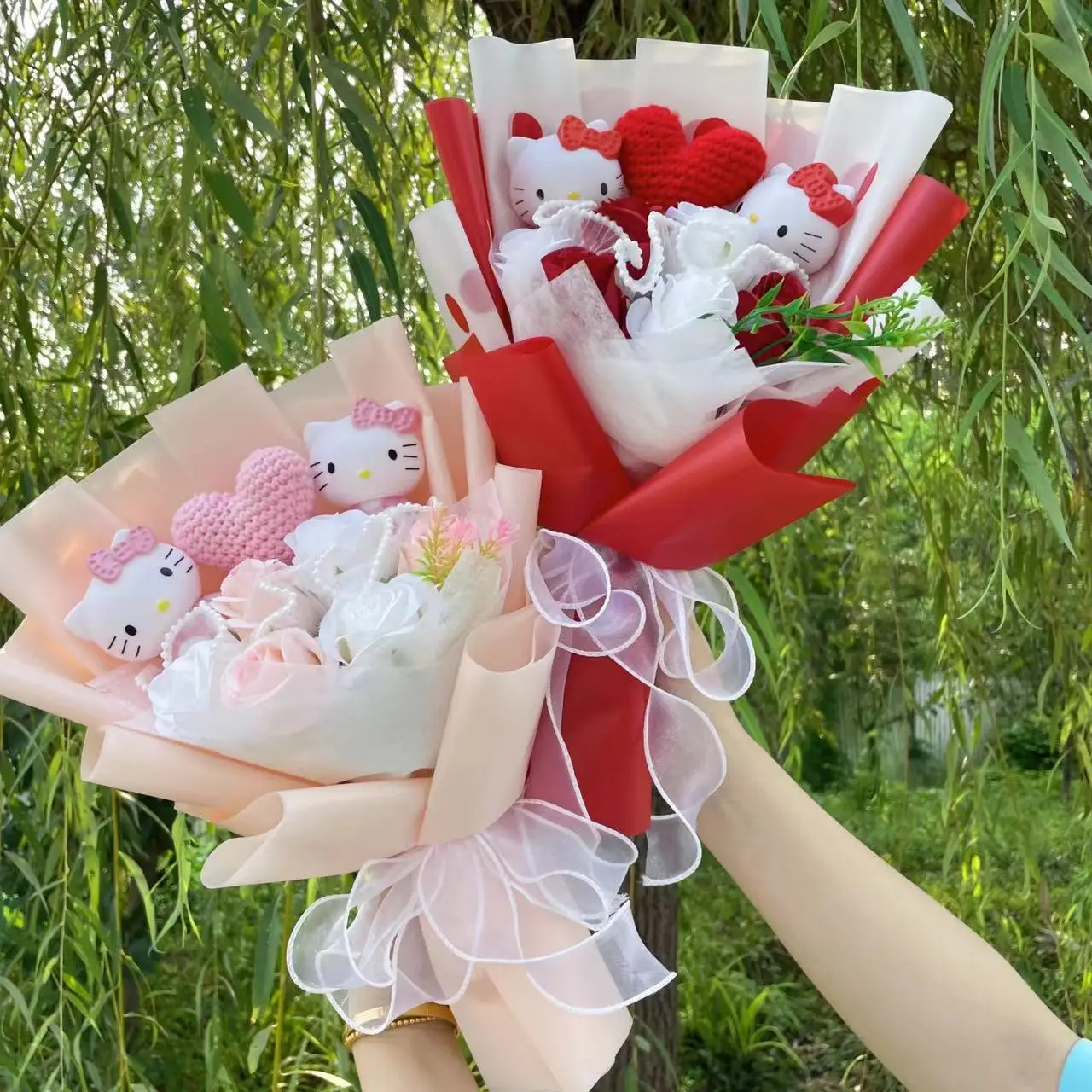 Color: MAROON - Kawaii Hello Kitty Cat Dolls With Artificial Flowers Creative Bouquet Christmas Valentine Birthday Graduation Gifts