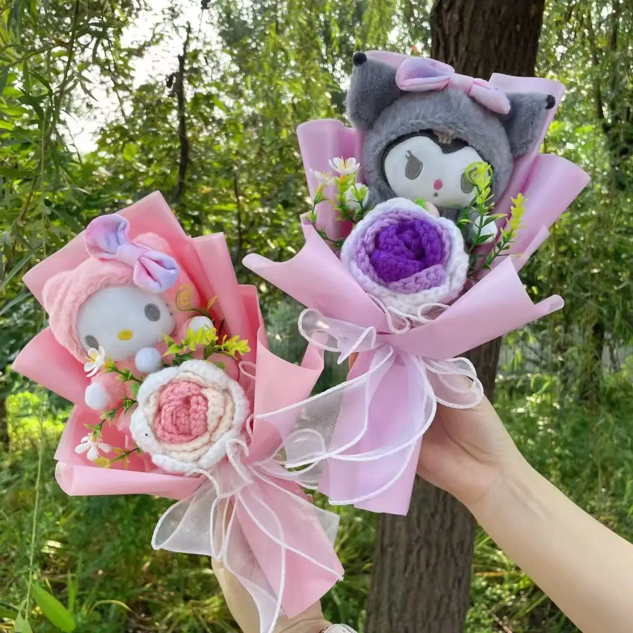 Color: MAROON - Kawaii Hello Kitty Cat Dolls With Artificial Flowers Creative Bouquet Christmas Valentine Birthday Graduation Gifts