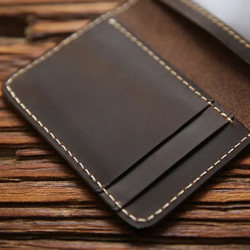 Color: black - Retro Crazy Horse Leather Cards Cases Mens Cowhide Credit Card Holder Wallet Handmade Ultra-thin Slim Drivers License ID Cover