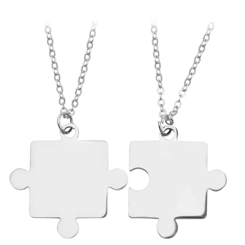 Metal color: Gold-color - 1pair Stainless Steel Classic Puzzle Pendant Necklace Simple Exquisite Jewellery Gift For Friends