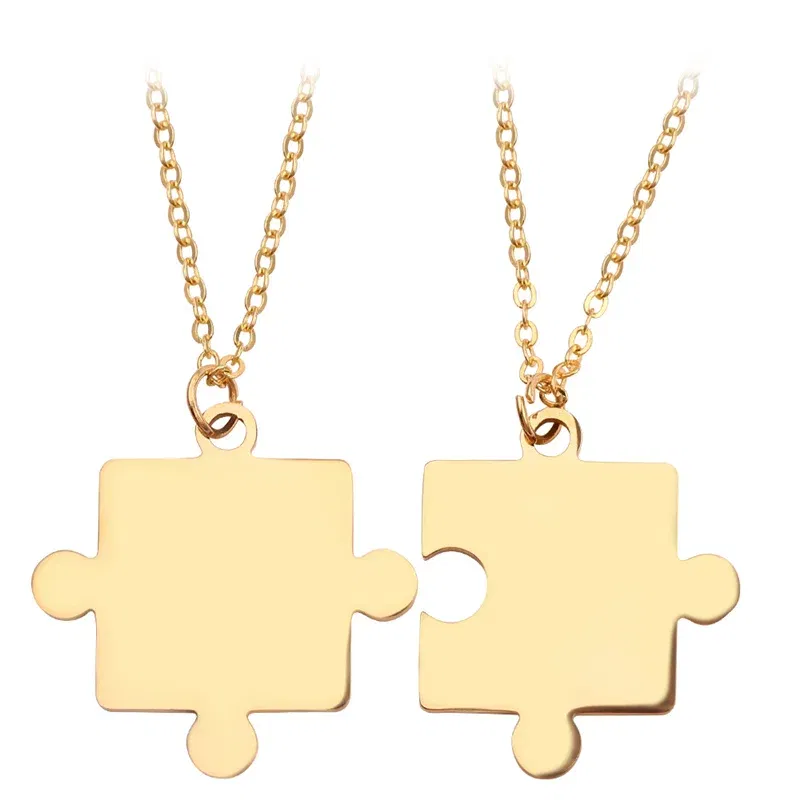 Metal color: Gold-color - 1pair Stainless Steel Classic Puzzle Pendant Necklace Simple Exquisite Jewellery Gift For Friends