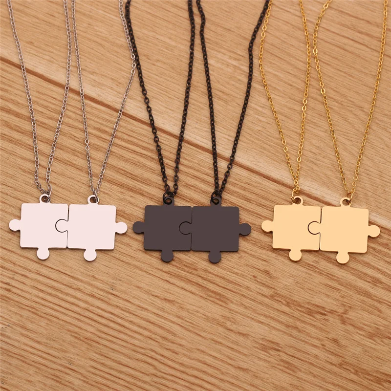 Metal color: Gold-color - 1pair Stainless Steel Classic Puzzle Pendant Necklace Simple Exquisite Jewellery Gift For Friends