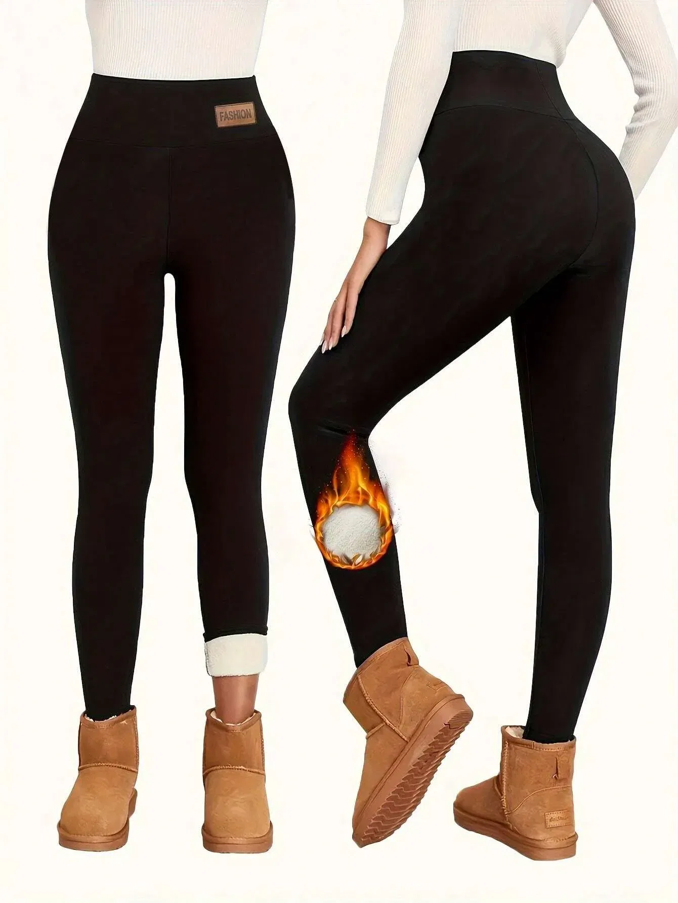 Color: Beige, Size: M - Super Warm Winter Leatherlabel Leggings Of Women Skinny Stretch High Waist Prevent Cold Leggings Casual Classic Pants