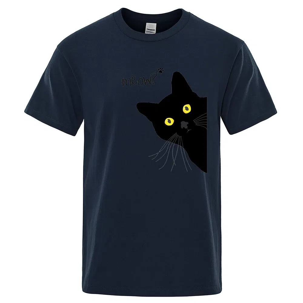 Color: Gold, Size: M - Meow Black Cat Funny Printing Men T-Shirts Breathable Tee Clothes Summer Streetwear Tops Oversized Loose Cotton Short Sleeve