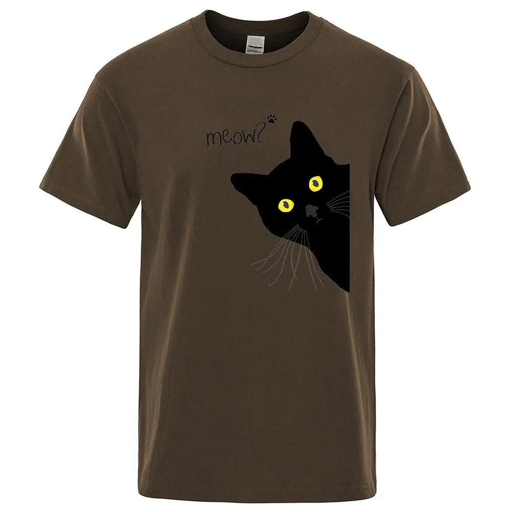 Color: Gold, Size: M - Meow Black Cat Funny Printing Men T-Shirts Breathable Tee Clothes Summer Streetwear Tops Oversized Loose Cotton Short Sleeve