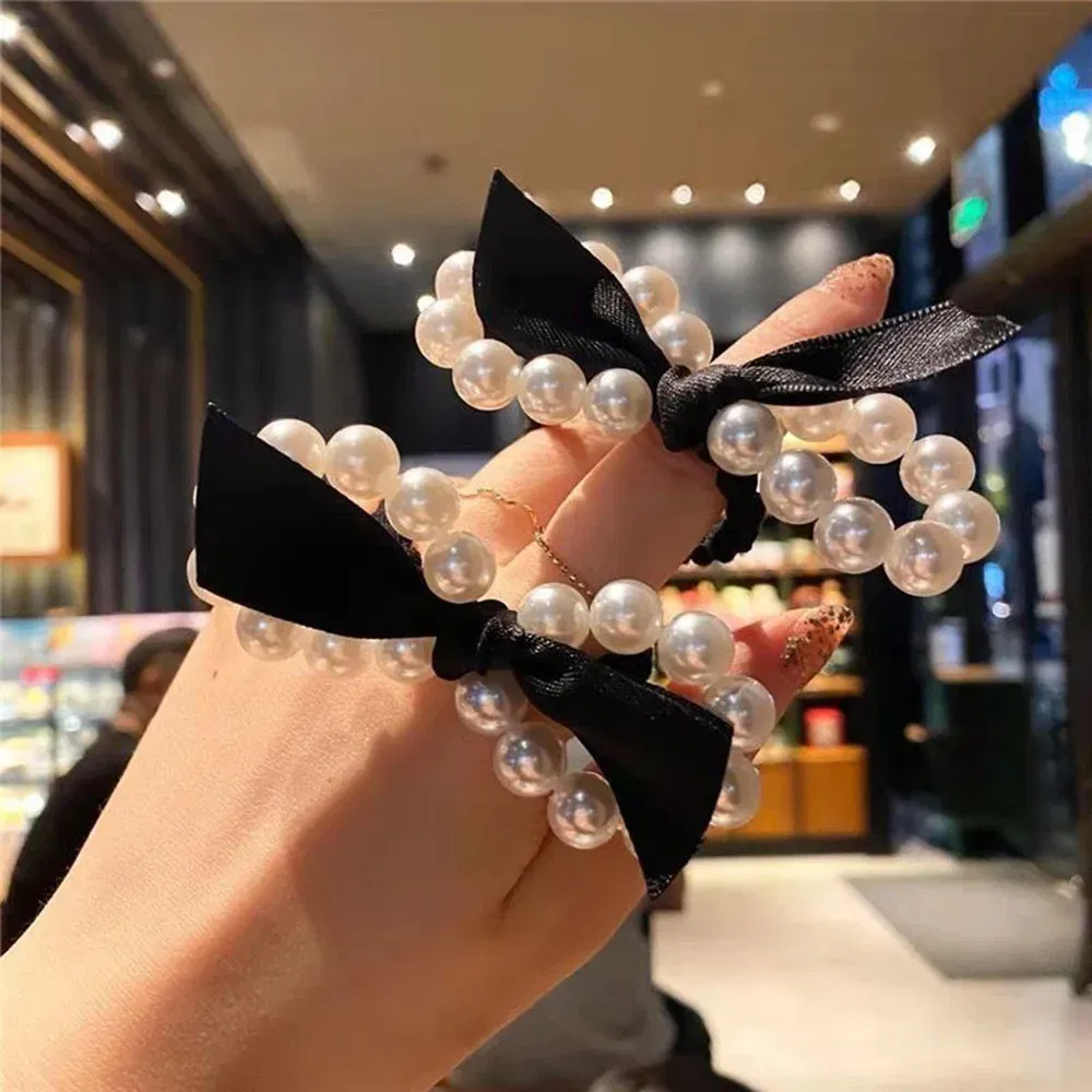 Color: Black Green - 2022 Fashion Woman Big Pearl Hair Ties Korean Style Hairband Scrunchies Girls Ponytail Holders Rubber Band Hair Accessories