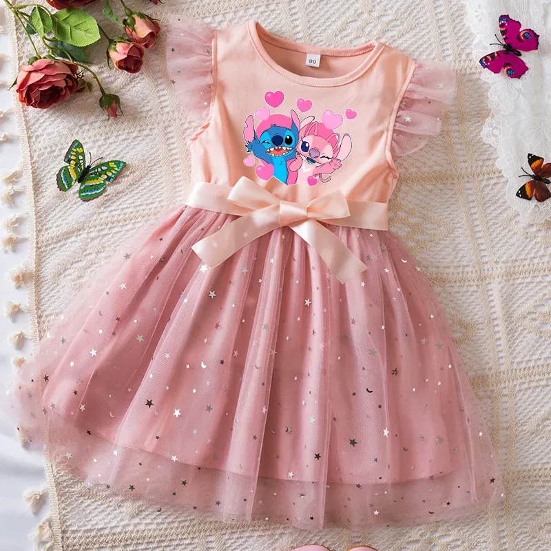 Color: Dark Grey, Kid Size: 5 - Lilo Stitch Girls Sequin Tutu Dress with Bow Flutter Sleeves Summer Princess Party Outfit for Toddler Kids 2-6 Years