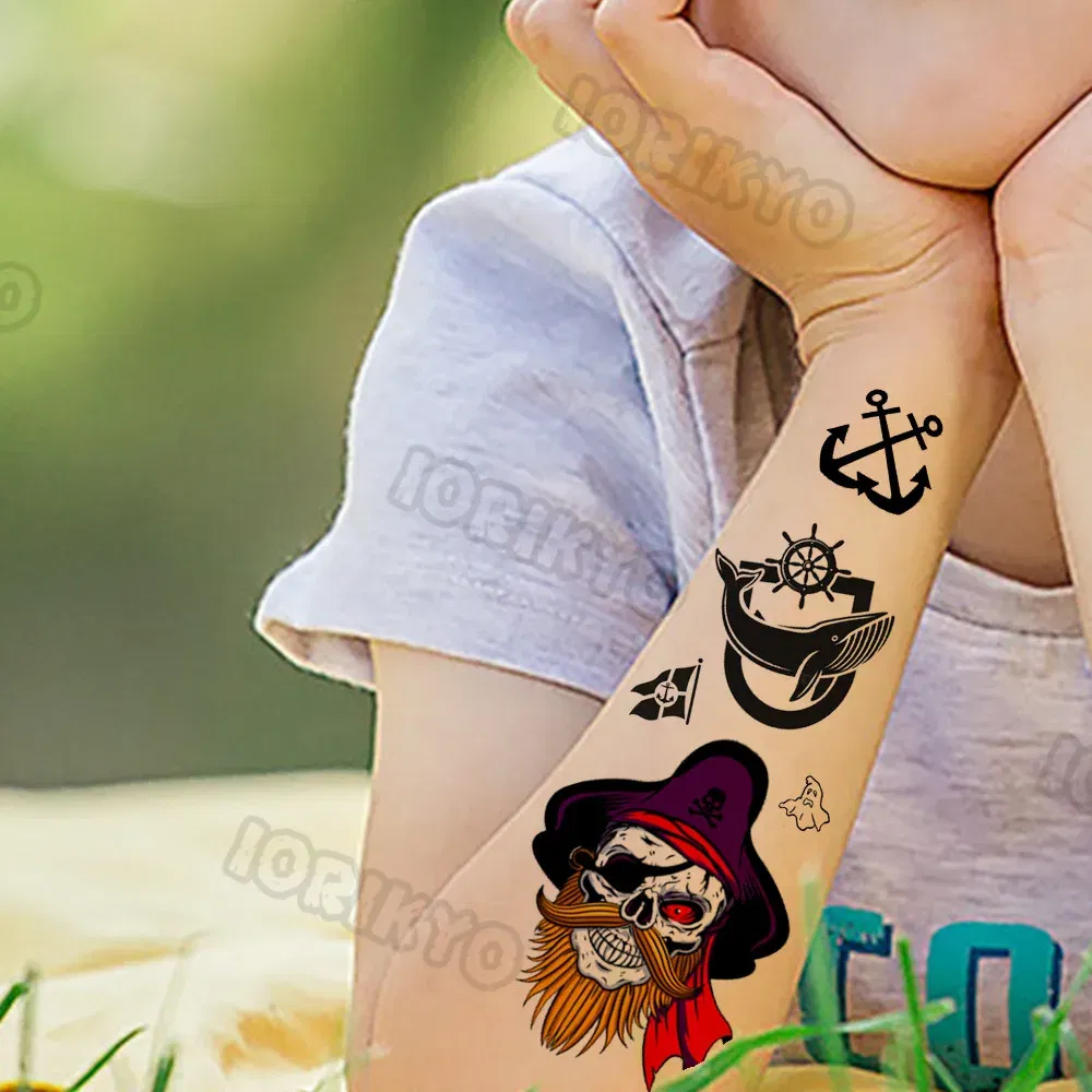 Color: Light Grey - Anchor Pirate Temporary Tattoos For Kids Toddler Boy Adult Men Women Black Whale Tattoo Sticker Fake Transfer Small Tatto Face
