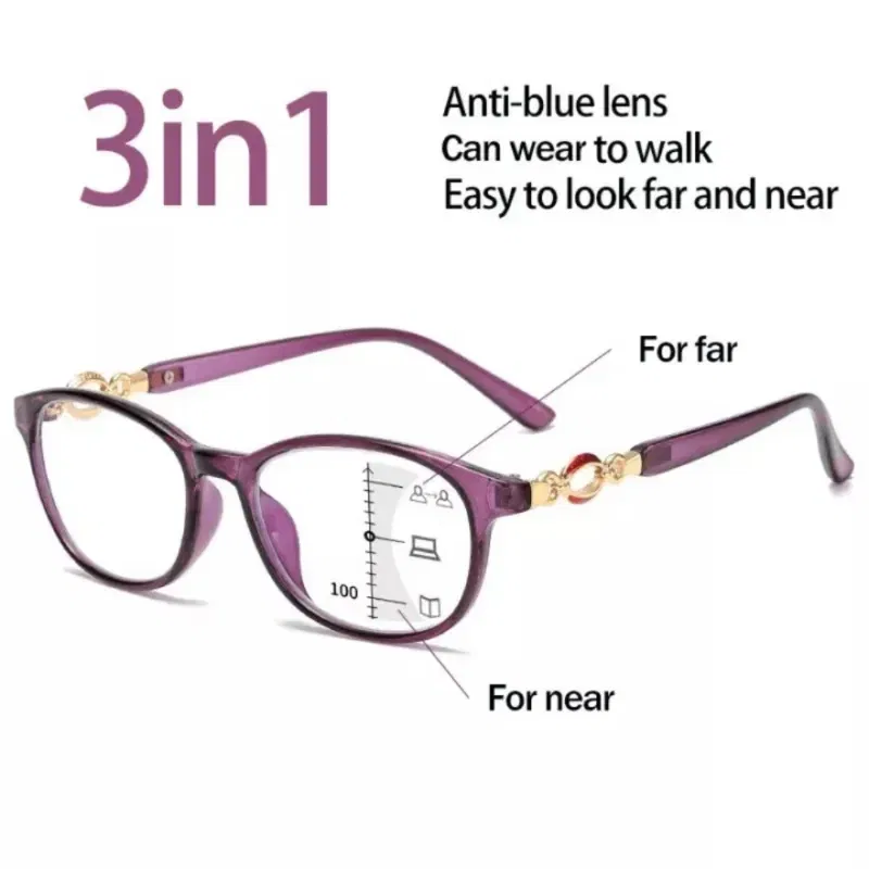 Frame Color: black, Eye Prescription: +25 - FG New 3 in 1 Progressive Multifocal Reading Glasses Women Anti-blue Eyeglasses Easy To Look Far and Near +1.0 To +4.0