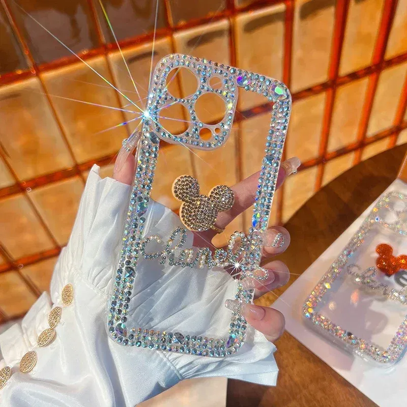 Color: black, Material: PU - Bling Glitter 3D cute cartoon Diamond soft silicon phone case For iphone 15 14 13 12 11 Pro Max 7 8 Plus X XS XR MAX Clear Cover