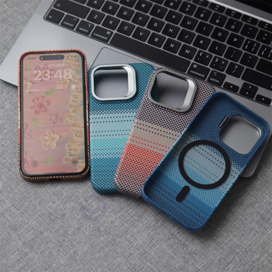 Color: Pink, Material: PP - Luxury Magnetic Stand Metal Lens Relief Carbon Fibre Pattern For Magsafe Case For iPhone 15 14 13 Pro Max Shockproof Back Cover