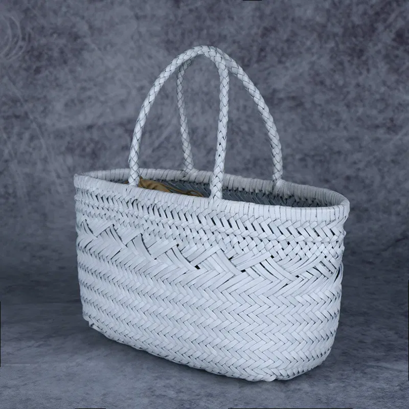 Color: Chocolate - Designer woven totes bag women genuine leather cowskin knitting basket handbag female hollow out bucket bag 2025 summer new