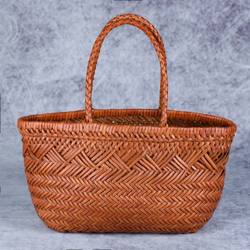 Color: Chocolate - Designer woven totes bag women genuine leather cowskin knitting basket handbag female hollow out bucket bag 2025 summer new