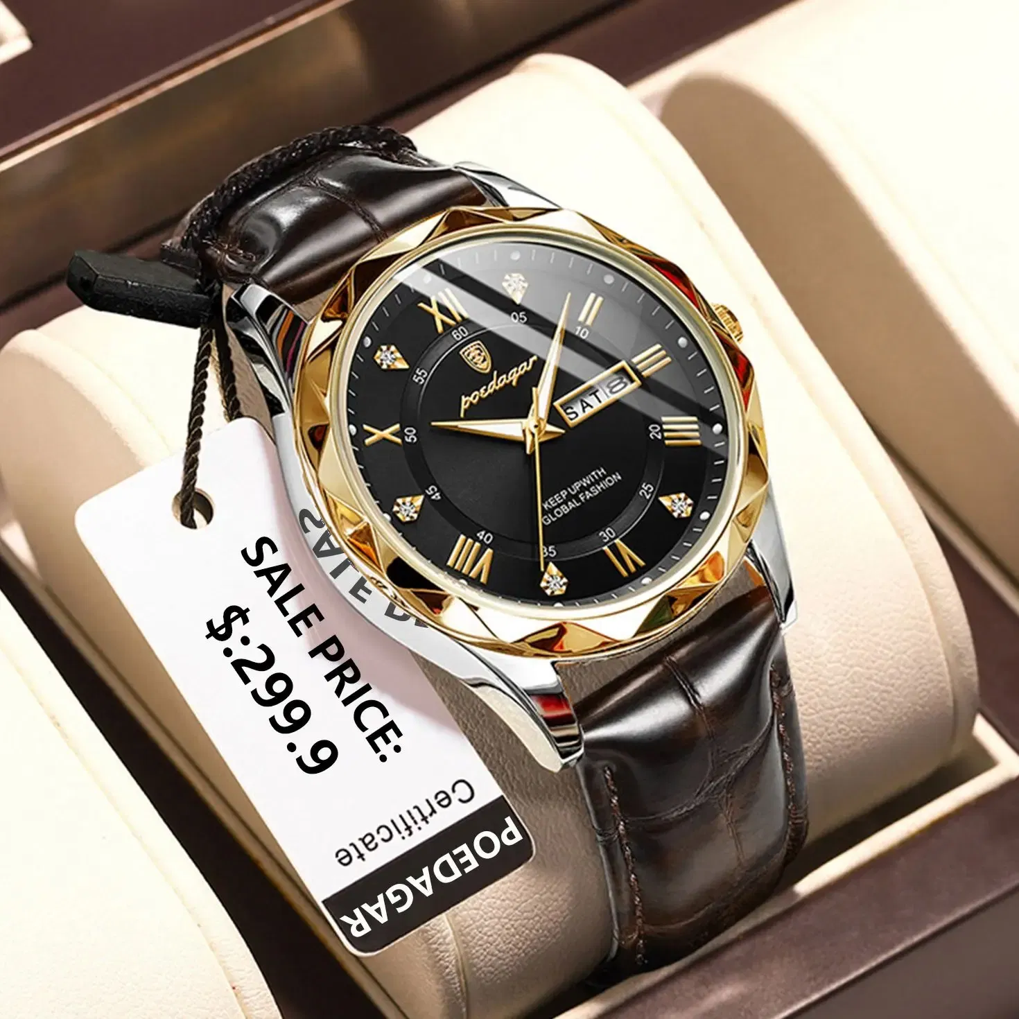 Color: Ivory - POEDAGAR Luxury Business Man Wristwatch Waterproof Luminous Date Week Men Watch For Men Quartz Clock Leather Men's Watches reloj