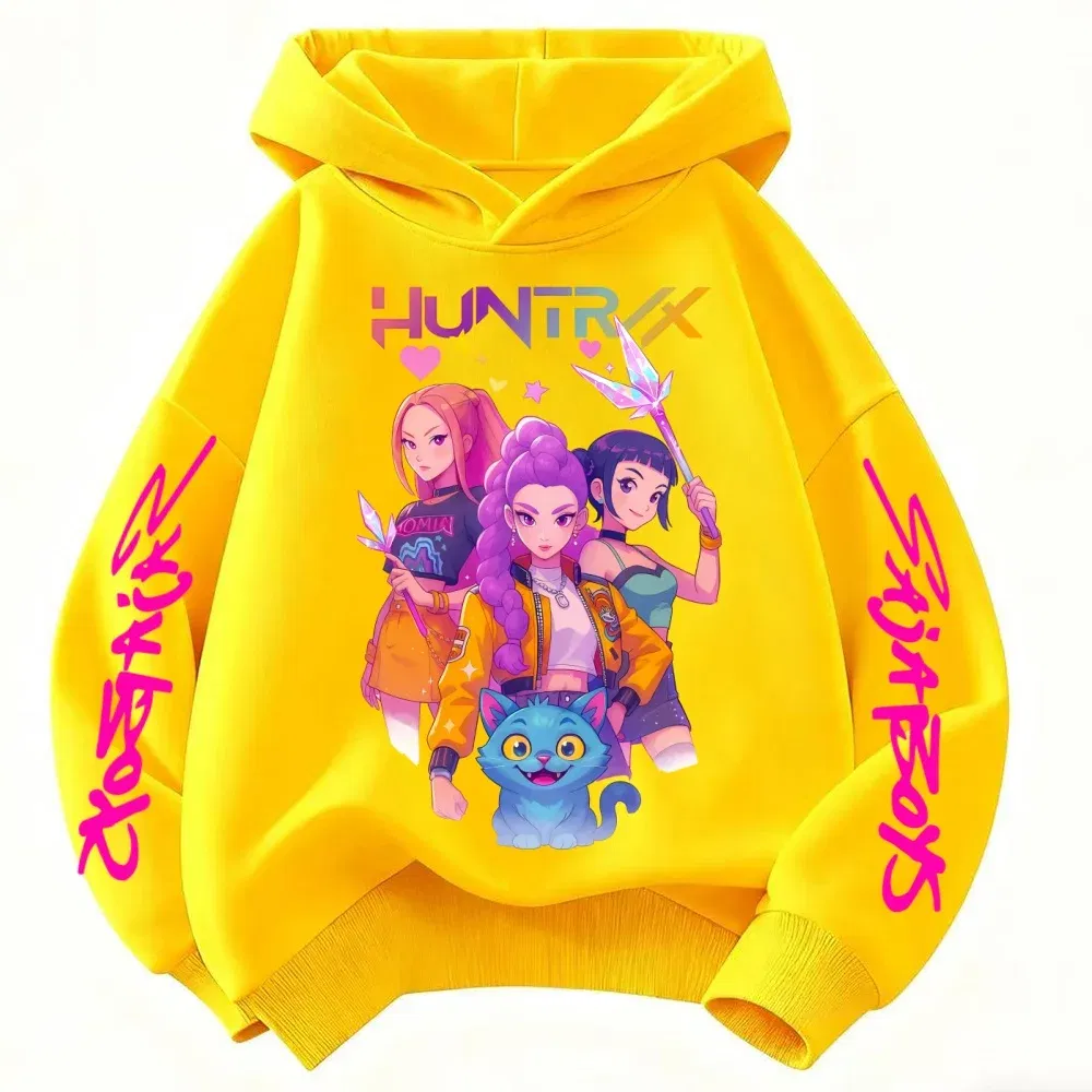 Color: Yellow, Kid Size: 5 - Movie KPop Demon Hunters Rumi Mira Zoey Graphic Hoodie Men's Women Korean Fashion Trend Streetwear Unisex Casual Fleece Pullover