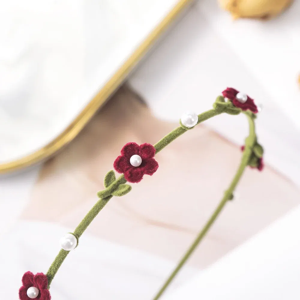 Color: WHITE - Flocking Flower Headbands Pearl Hairbands Headdress Hair Hoop Band Hair Accessories for Women Girls Teens