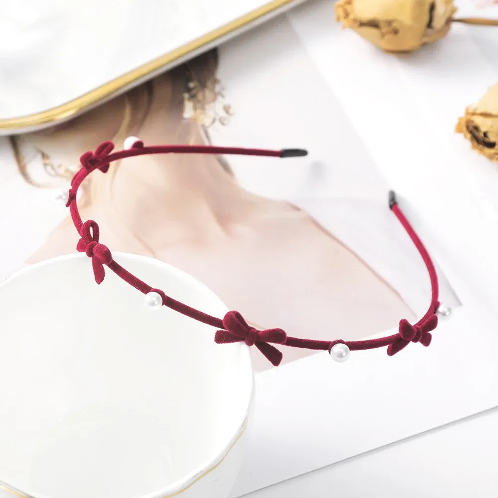 Color: WHITE - Flocking Flower Headbands Pearl Hairbands Headdress Hair Hoop Band Hair Accessories for Women Girls Teens