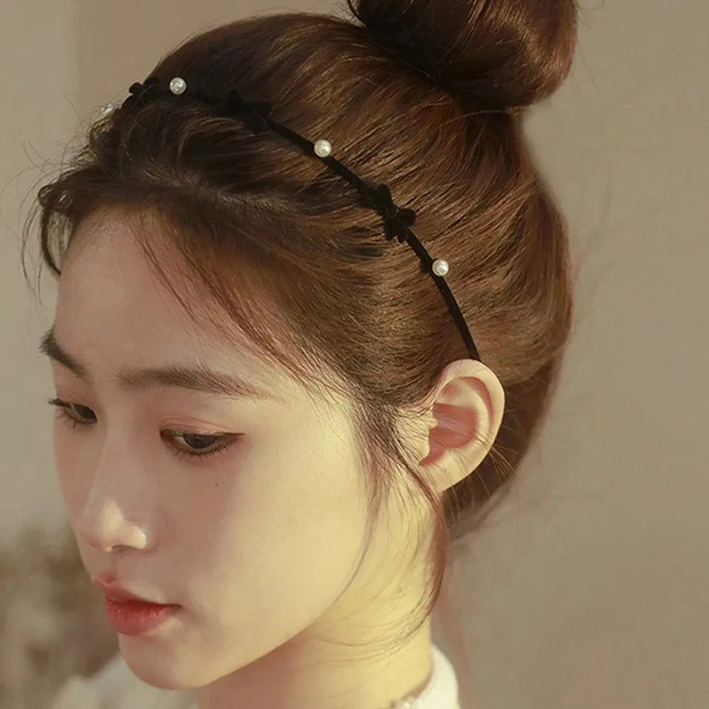 Color: WHITE - Flocking Flower Headbands Pearl Hairbands Headdress Hair Hoop Band Hair Accessories for Women Girls Teens
