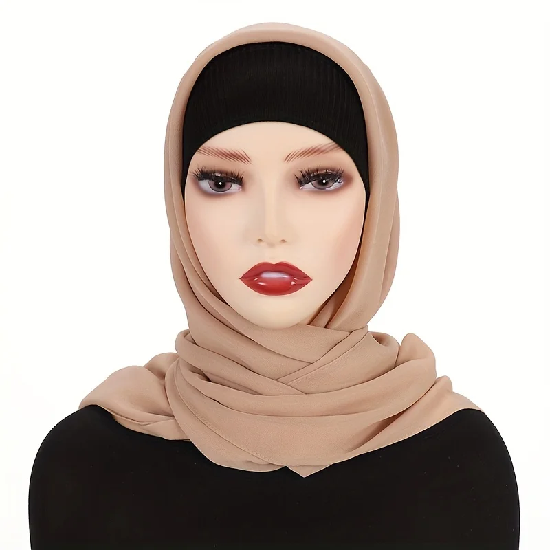Color: Beige, Size: One Size - 110*110cm Chiffon Square Hijabs Scarf For Woman Muslim Turban Hat Islam Headscarf Women Plain Veil Jersey Hijabs Ramadan