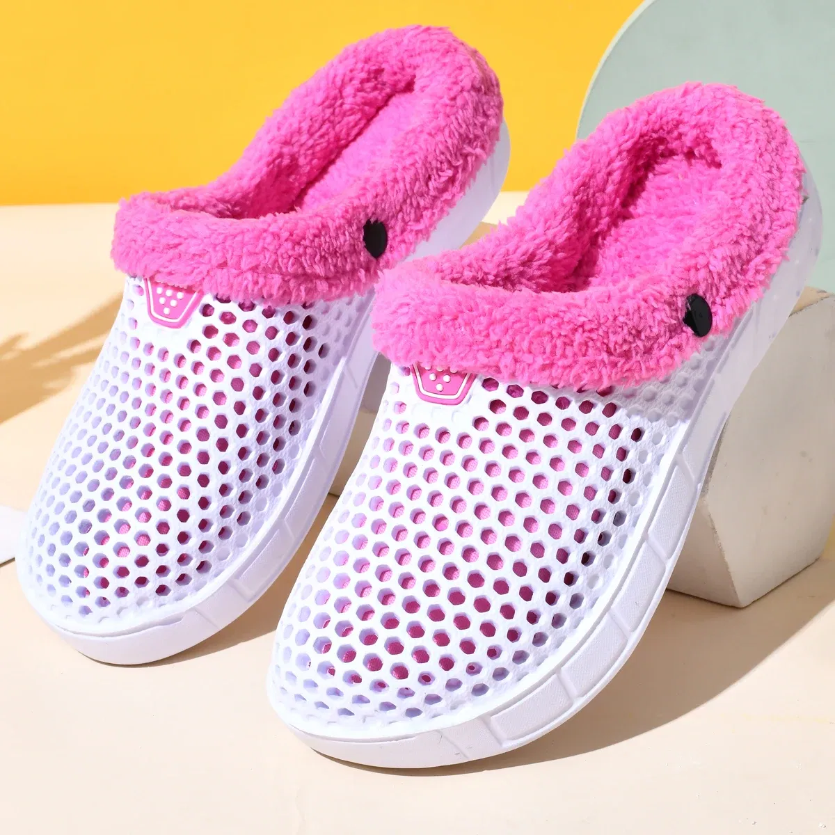 Color: WHITE, Shoe Size: 46 - Couple Style Men's and Women's Cotton Slippers Winter Warm Plus Velvet Thickened Clogs Mule Shoes