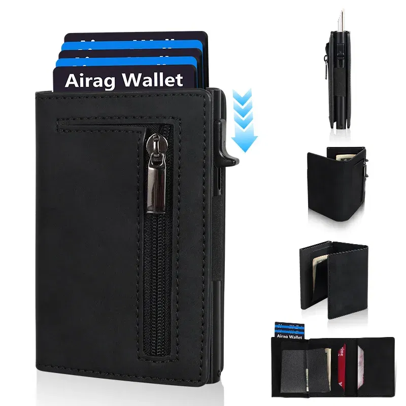 Color: black - Magnetic Credit Card Holder Luxury Men Wallet Rfid Blocking Pop Up Minimalist Wallet Leather Bank Cardholder Case Vallet for Men