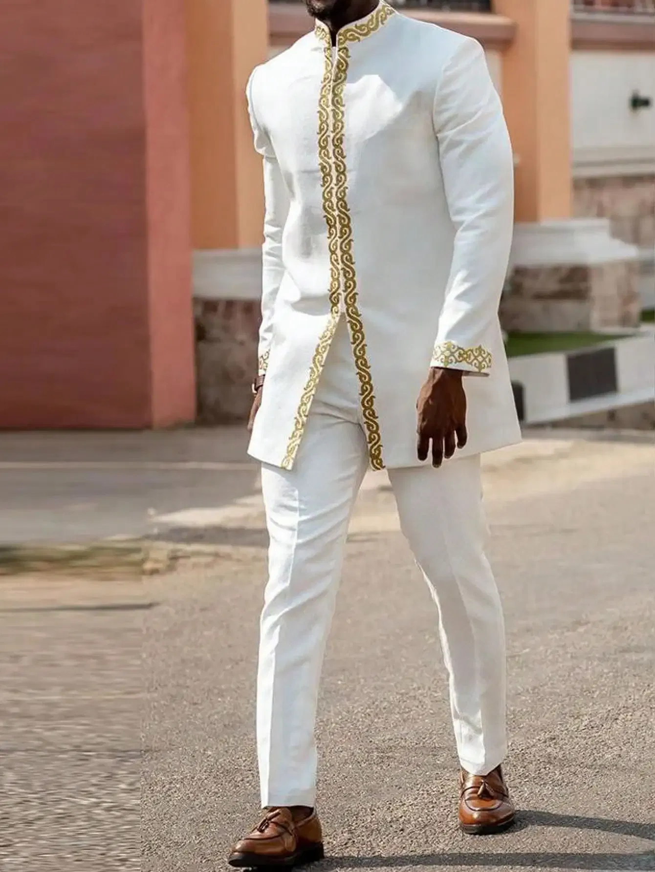 Color: PURPLE, Size: XL - 2025 New men's suit, white pocket, 2-piece set, luxury wedding casual suit, traditional African style of ethnic minorities