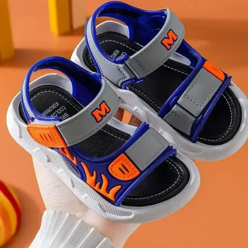 Color: Beige, Shoe Size: 4.5 - Baby Sandals Flame Pattern Boy Sandals Soft Sole Anti-slip Boys Girls Children Shoes
