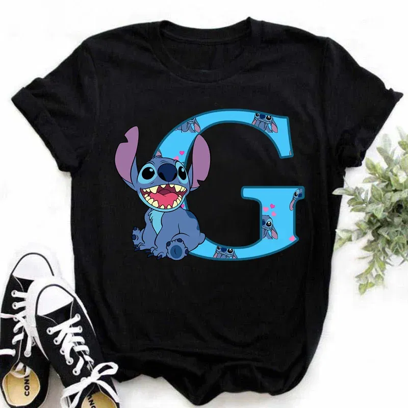 Color: green, Size: XL - Disney Lilo&Stitch A-Z Alphabet Summer Women's Printed T-Shirt Women's Casual Tops T-Shirt Fashion Cartoon Plus Size T-Shirt