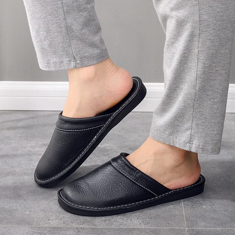 Color: Blue, Shoe Size: 11 - Mens Bedroom Leather Slippers Unisex Black Home Shoes Big Size 47 48 Man's Slippers Indoor Comfy Males Slides Family Flats Shoes