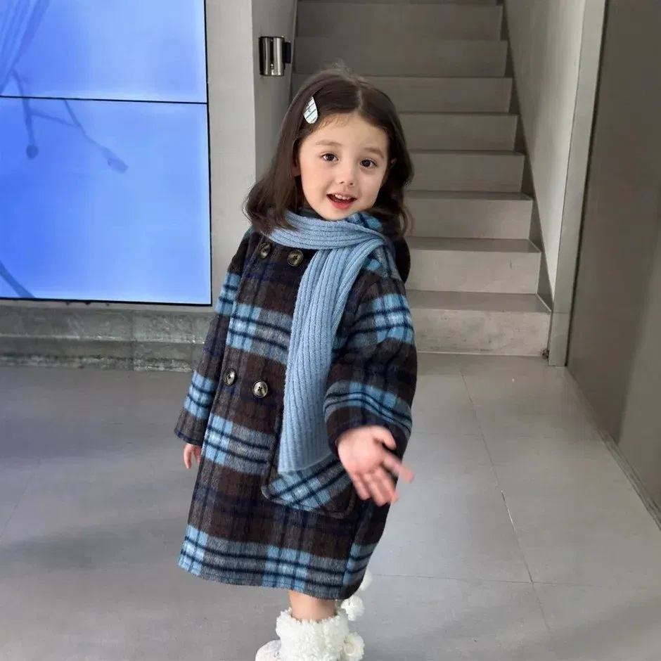 Color: Blue, Kid Size: 4T - Children's Coats Plaid Printed Woolen Padded Hooded Coat Kids Jackets for Girls Winter Clothes Kids Jacket