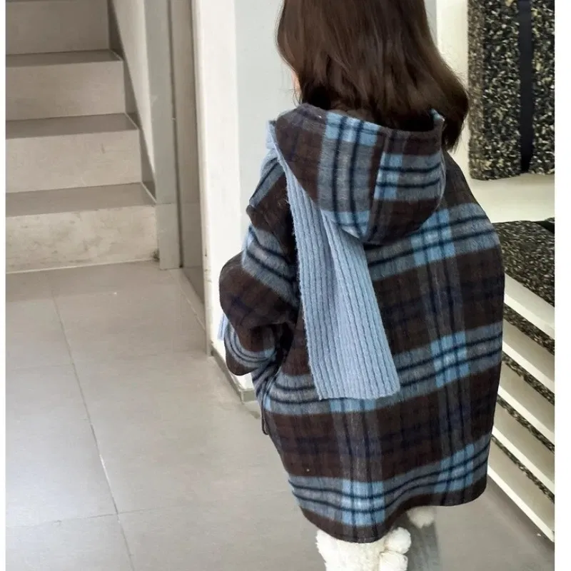 Color: Blue, Kid Size: 4T - Children's Coats Plaid Printed Woolen Padded Hooded Coat Kids Jackets for Girls Winter Clothes Kids Jacket