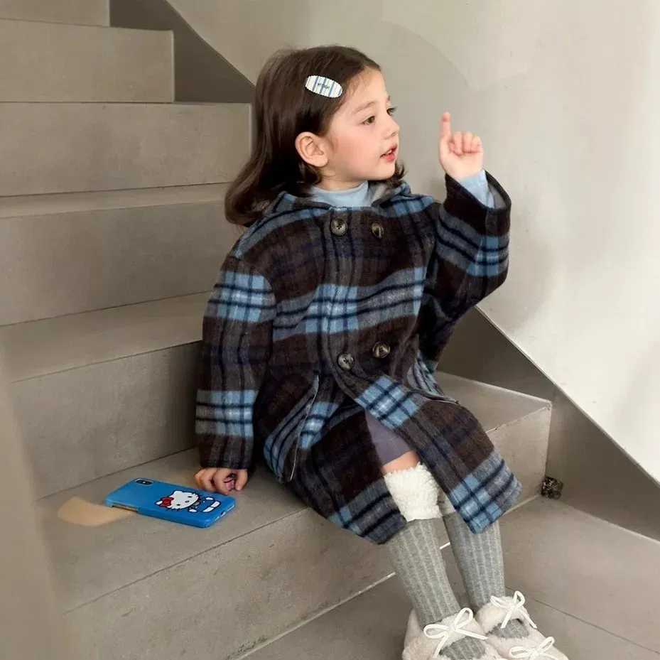 Color: Blue, Kid Size: 4T - Children's Coats Plaid Printed Woolen Padded Hooded Coat Kids Jackets for Girls Winter Clothes Kids Jacket