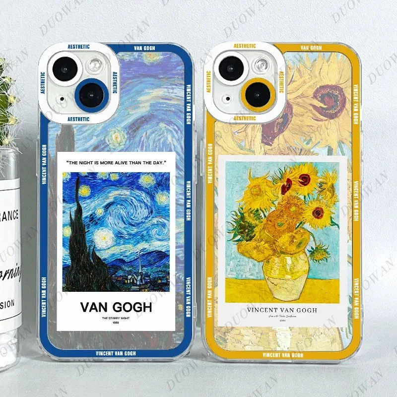 Color: GRAY, Material: CANVAS - Van Gogh Oil Painting Phone Case For iPhone 11 12 13 14 15 16 Pro Max XR X XS Mini 8 7 Plus SE 2020 2022 Transparent Case