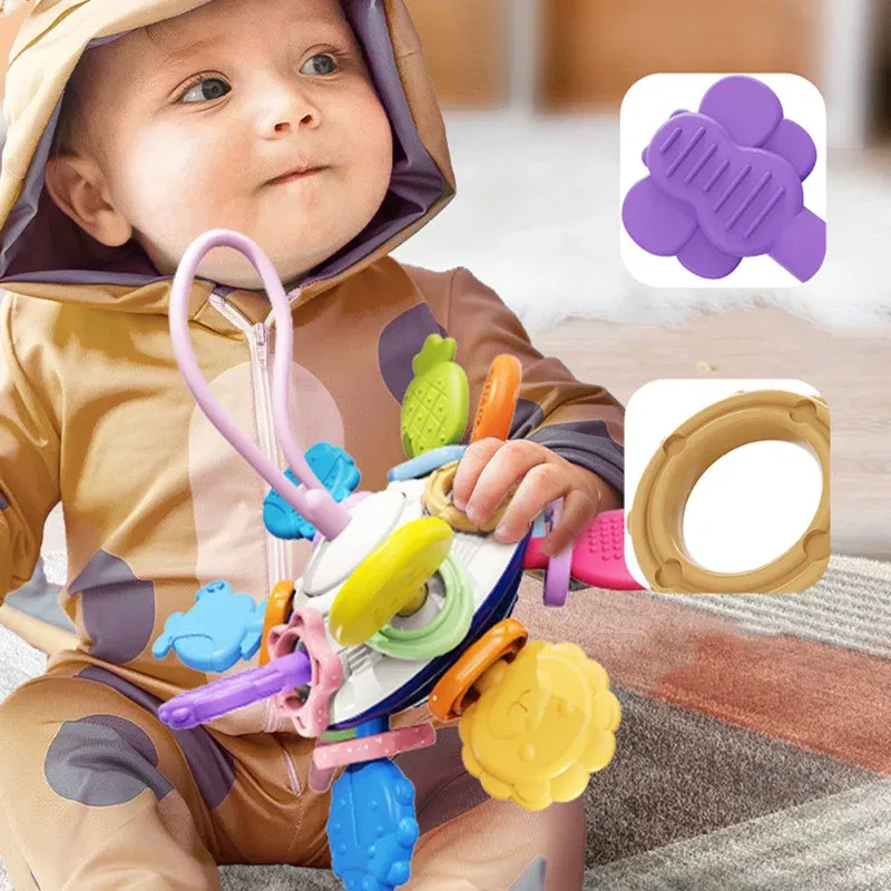 Color: light yellow - Montessori Baby Toys 0 12 Months Rotating Rattle Silicone Teething Toys Ball Grasping Activity Development Baby Sensory Toy
