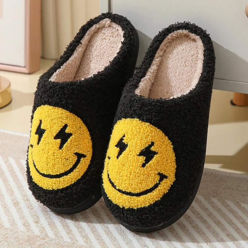 Color: black, Shoe Size: 37 - Leopard Print Winter Slippers Women Lightning Smile Face Fluffy Fur Slippers Woman Indoor Anti-slip Furry Couple Cotton Slides