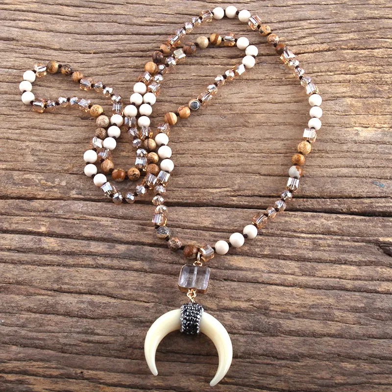 Metal Color: Antique Gold Plated, Length: 45cm, Ships From: CHINA - Fashion Bohemian Jewelry Natural Stones Crystal Glass Knotted Ox Horn Moon Pendant Necklace Women Boho Necklaces  Girls